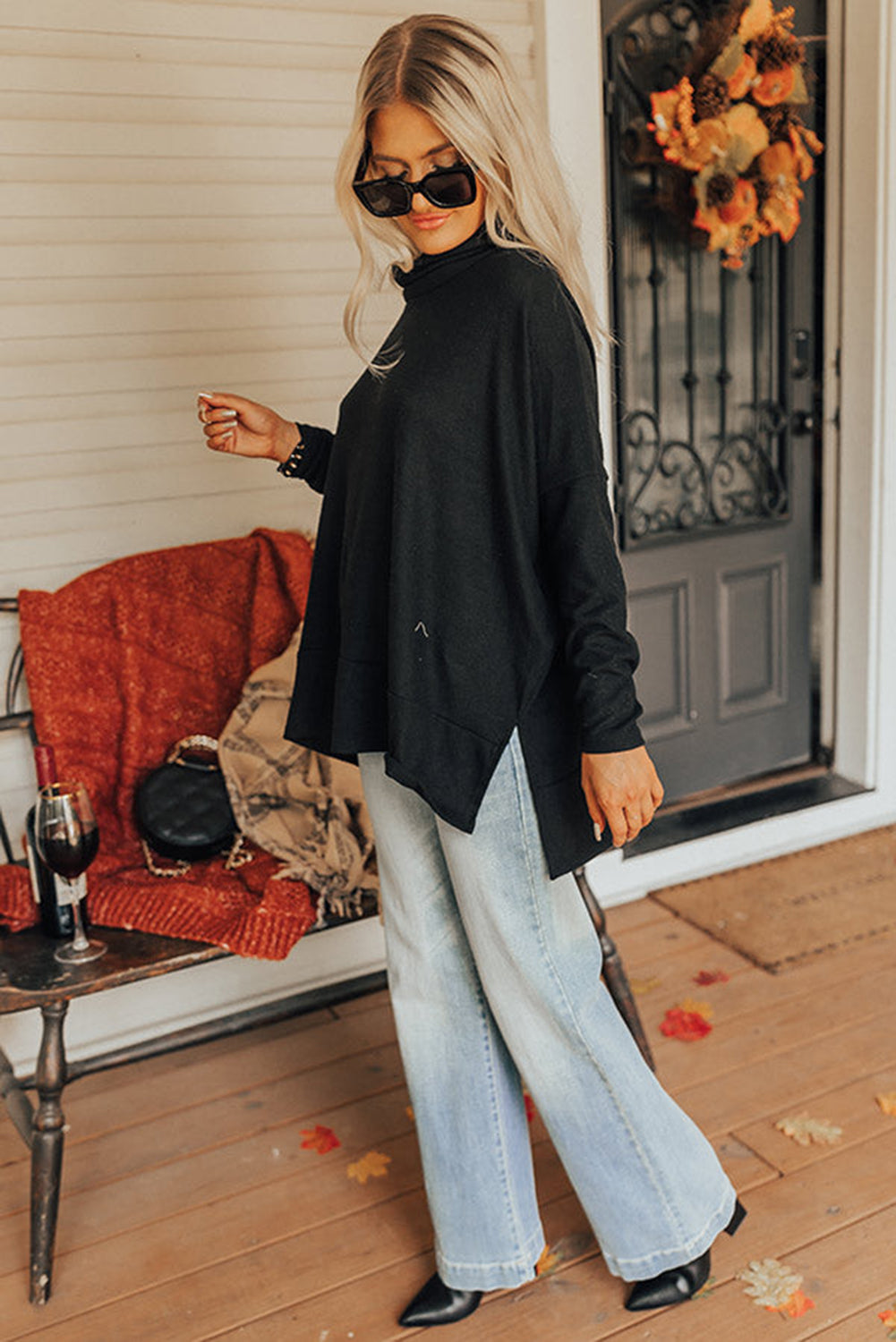 Jungle green Mommas Hive long sleeve cowl neck shift tunic top made of polyester, cotton, and elastane fabric.