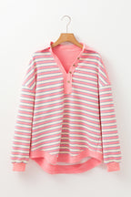 Red Stripe Mommas Hive long sleeve buttoned V-neck collared drop shoulder top, made of polyester and elastane fabric.