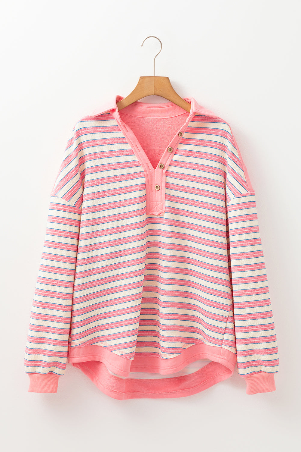 Red Stripe Mommas Hive long sleeve buttoned V-neck collared drop shoulder top, made of polyester and elastane fabric.