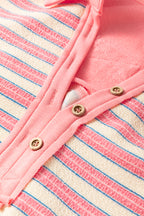 Red Stripe Mommas Hive long sleeve V-neck collared top with button details and drop shoulder design, made of polyester and elastane.