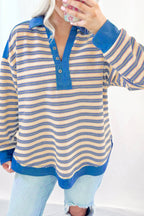 Red striped long sleeve top from Mommas Hive featuring a buttoned V-neck, collared neckline, and drop shoulder design.