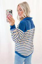 Red striped long sleeve top by Mommas Hive with V-neck, buttoned front, collared design, and drop shoulder style.