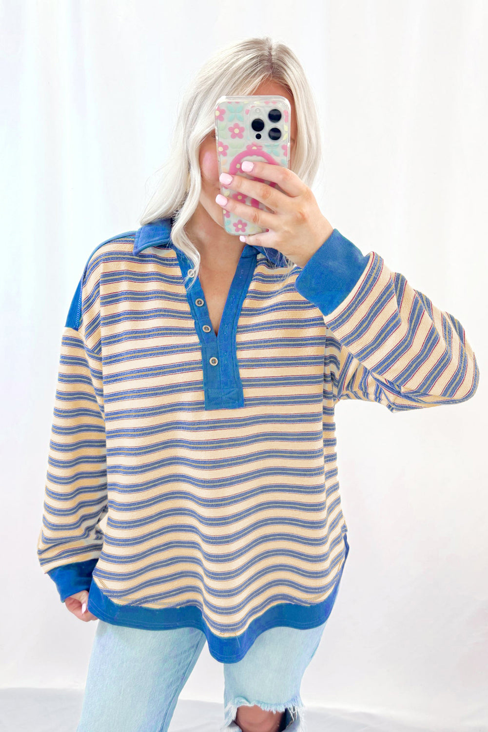 Red stripe long sleeve top with buttoned V-neck, collared and drop shoulder style from Mommas Hive.