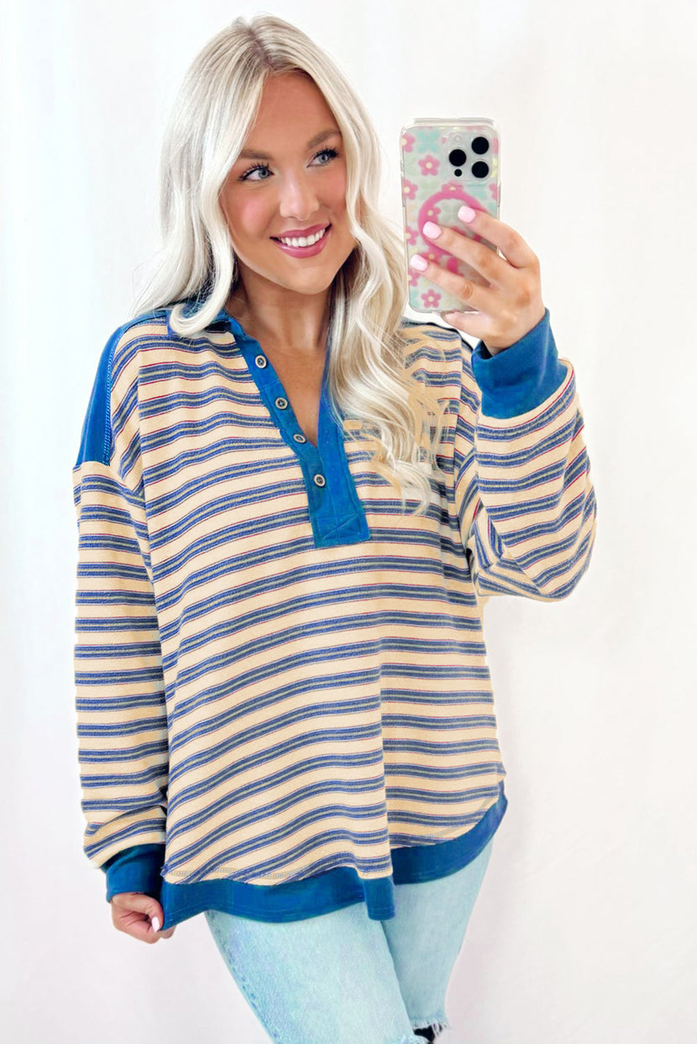 Red Stripe Mommas Hive long sleeve V-neck collared drop shoulder top with buttons, made of polyester and elastane.