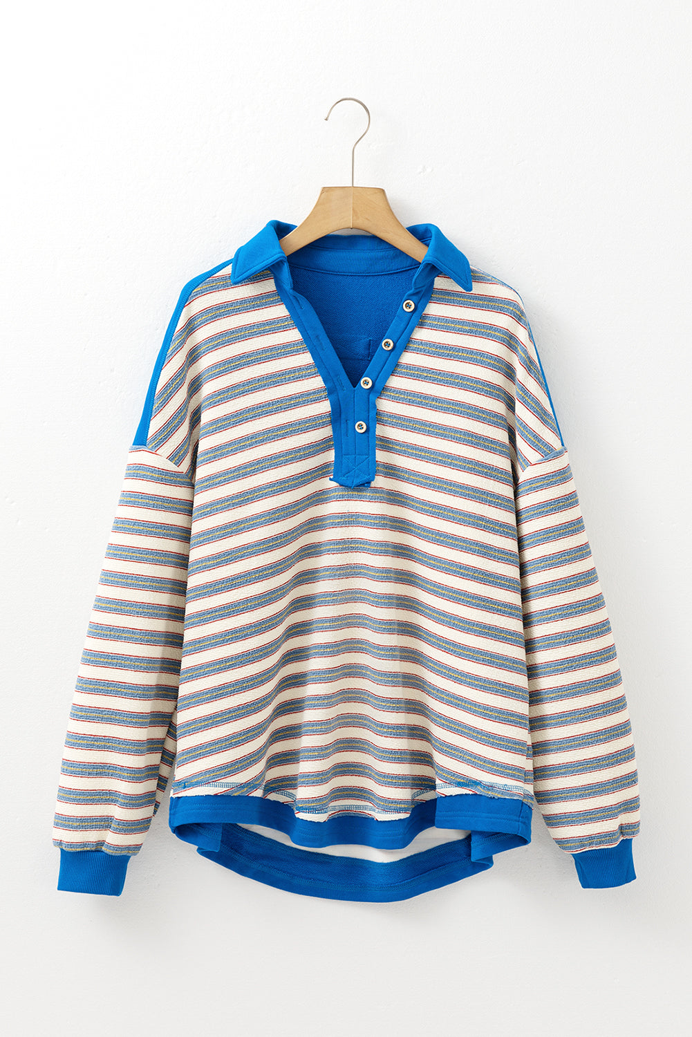 Mommas Hive red stripe long sleeve buttoned V-neck collared drop shoulder top for women, polyester and elastane fabric.