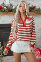 Red Stripe Mommas Hive long sleeve buttoned V-neck collared top with drop shoulders, made of polyester and elastane.