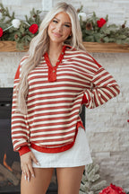 Red Stripe Long Sleeve V-Neck Collared Top by Mommas Hive, featuring buttoned front and drop shoulder design.