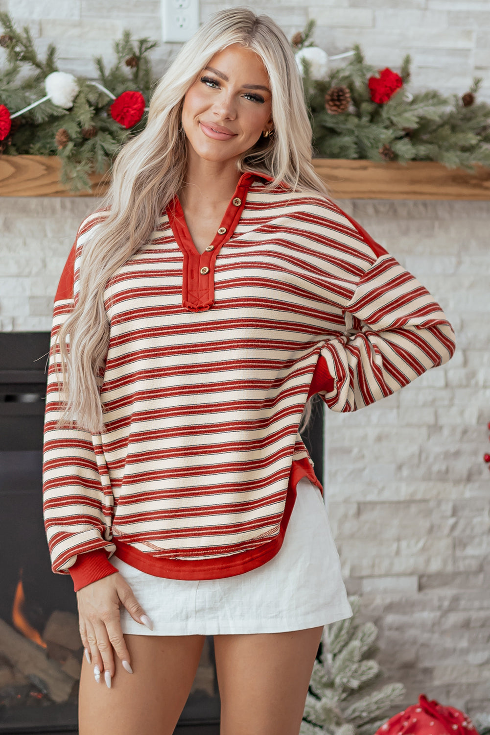 Red Stripe Long Sleeve V-Neck Collared Top by Mommas Hive, featuring buttoned front and drop shoulder design.