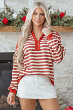 Red stripe long sleeve top by Mommas Hive with V-neck, buttoned collar, and drop shoulder design.
