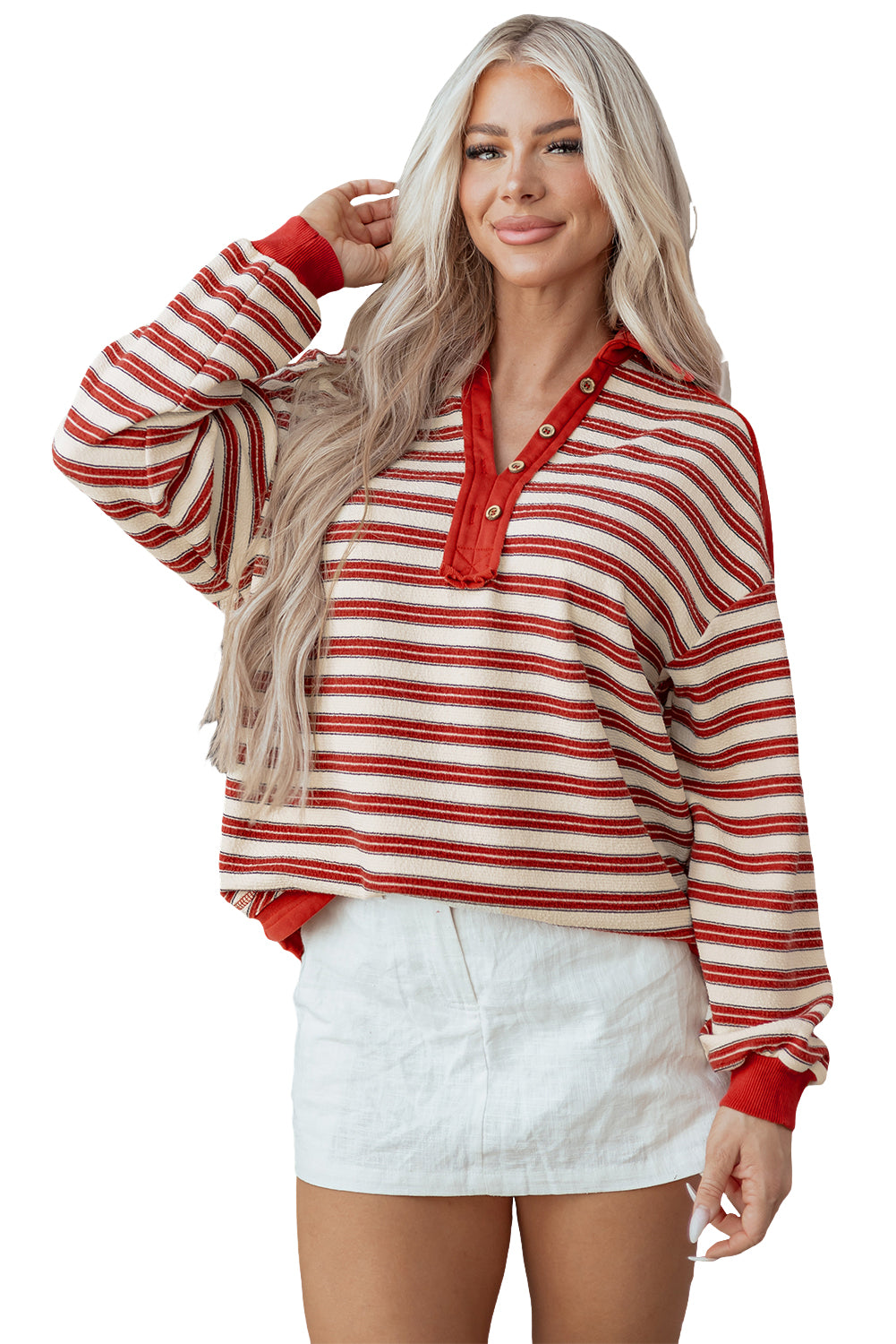 Mommas Hive red stripe long sleeve V-neck collared drop shoulder top with buttons, made of polyester and elastane.
