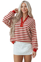 Mommas Hive red stripe long sleeve V-neck collared drop shoulder top with buttons, made of polyester and elastane.