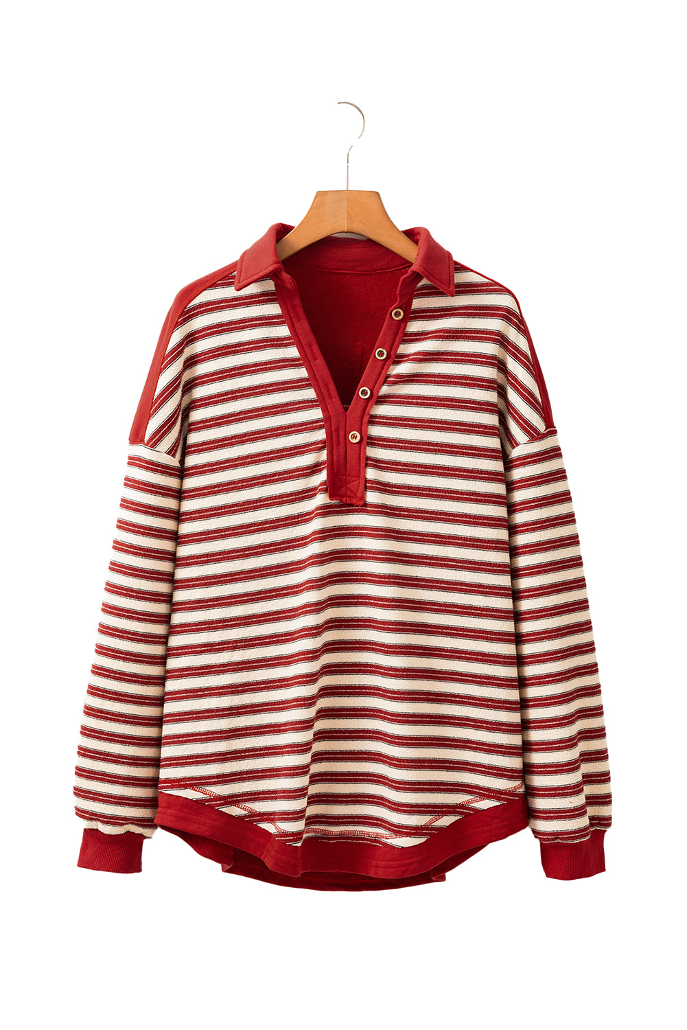 Red stripe long sleeve top from Mommas Hive with V-neck, buttoned front, collared neckline, and drop shoulder style.