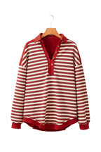 Red stripe long sleeve top from Mommas Hive with V-neck, buttoned front, collared neckline, and drop shoulder style.