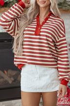 Red stripe buttoned V-neck collared long sleeve top by Mommas Hive featuring drop shoulder design and polyester-elastane blend.
