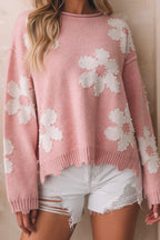 Multicolour pearl beaded floral drop shoulder sweater from Mommas Hive, featuring vibrant floral design and cozy knit fabric.