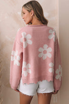 Multicolour pearl-beaded floral drop shoulder sweater from Mommas Hive, featuring vibrant floral design and cozy knit fabric.