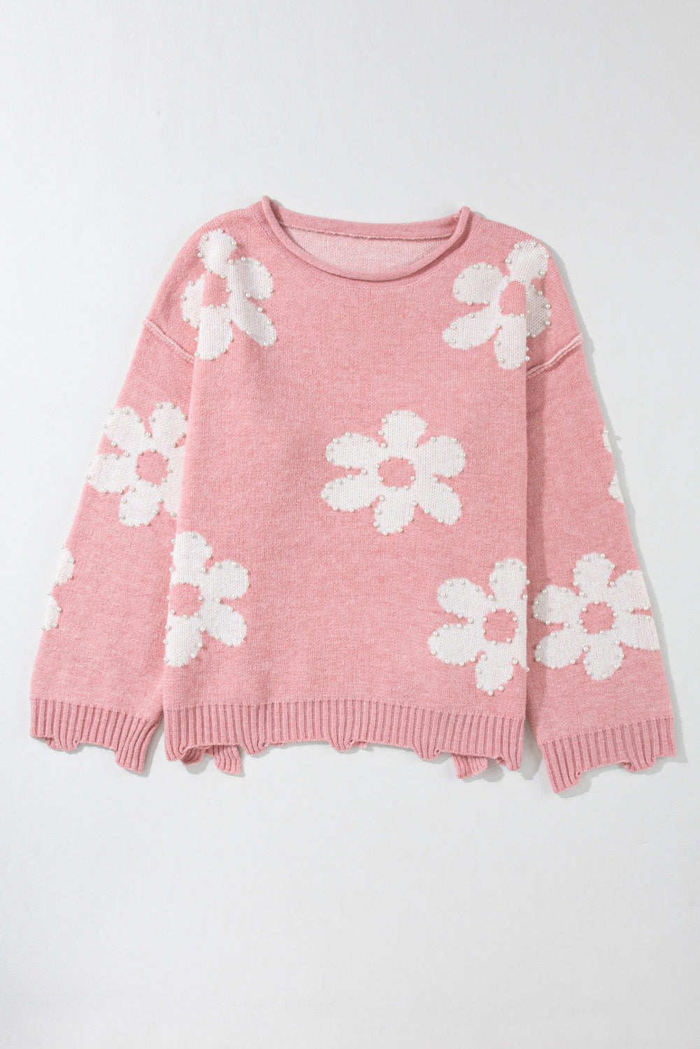 Multicolour pearl beaded floral drop shoulder sweater by Mommas Hive, featuring vibrant flower patterns and cozy knit fabric.