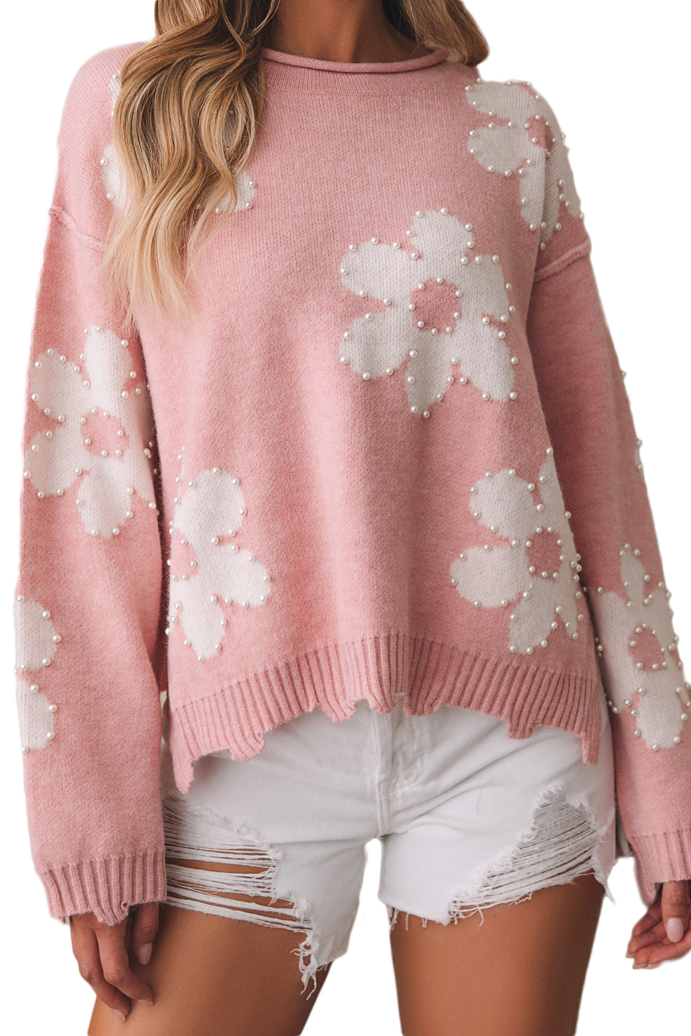 Multicolour pearl beaded floral drop shoulder sweater from Mommas Hive, stylish knit top with vibrant embellishments.