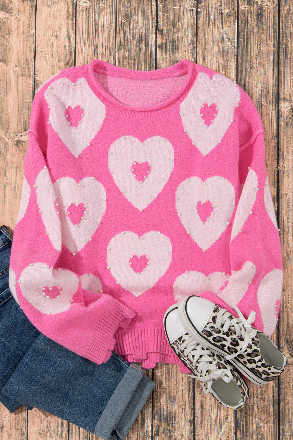 Multicolour pearl-beaded floral drop shoulder sweater by Mommas Hive, featuring vibrant floral pattern and cozy knit fabric.