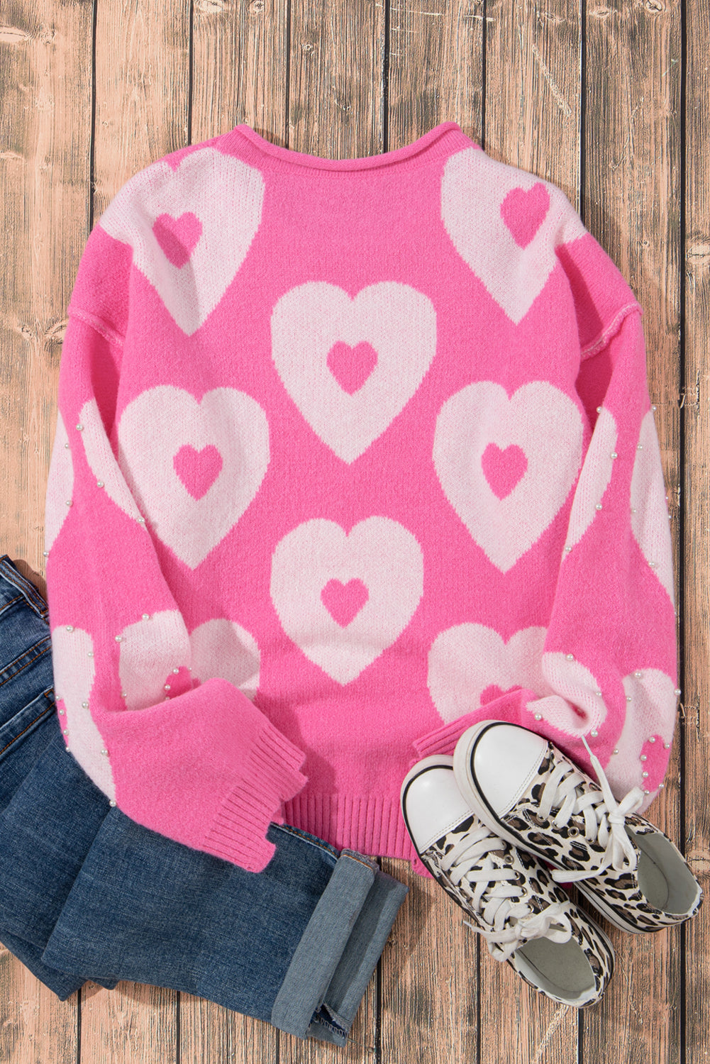 Multicolour pearl beaded floral drop shoulder sweater from Mommas Hive, featuring multicolour beads and floral embroidery on a cozy top.