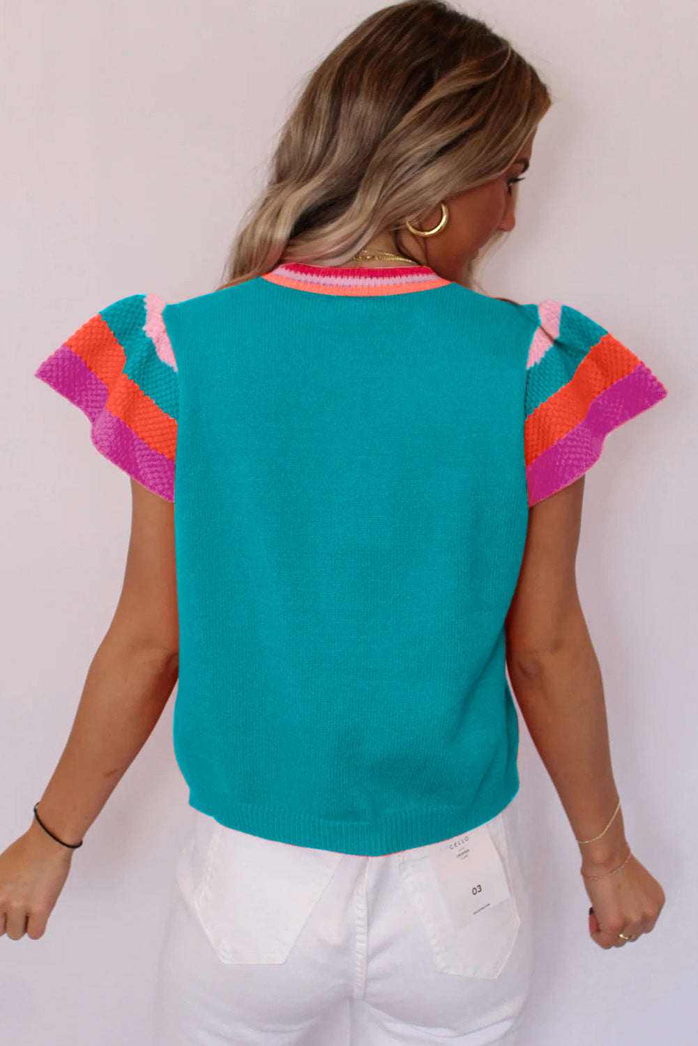 Turquoise contrast flutter sleeves knitted sweater t-shirt by Mommas Hive, short sleeve top with soft knitted fabric and stylish design