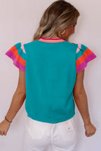 Turquoise contrast flutter sleeves knitted sweater t-shirt by Mommas Hive, short sleeve top with soft knitted fabric and stylish design
