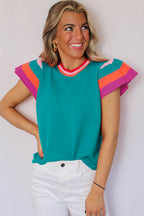 Turquoise contrast flutter sleeves knitted sweater T-shirt by Mommas Hive, short sleeve top with textured knit and vibrant color.