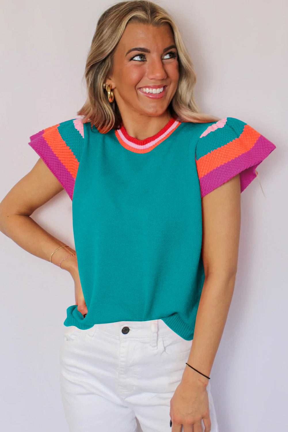 Turquoise contrast flutter sleeves knitted sweater T-shirt by Mommas Hive, short sleeve top with textured knit and vibrant color.