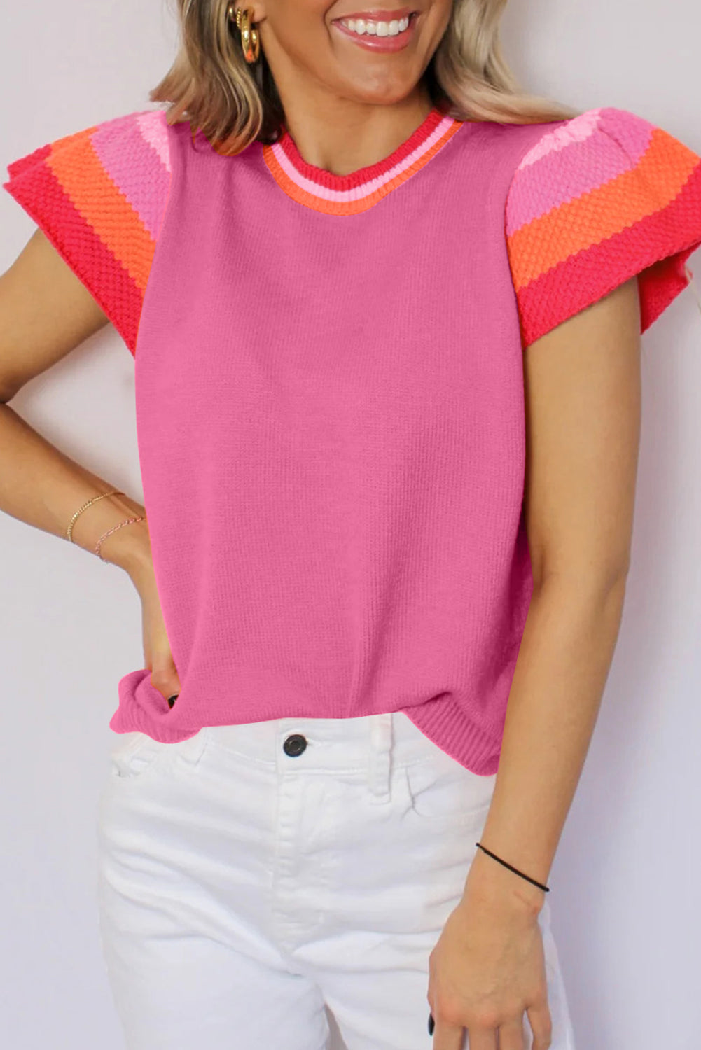Turquoise contrast flutter sleeve knitted sweater t-shirt by Mommas Hive, short sleeve top with soft knit fabric and stylish design.