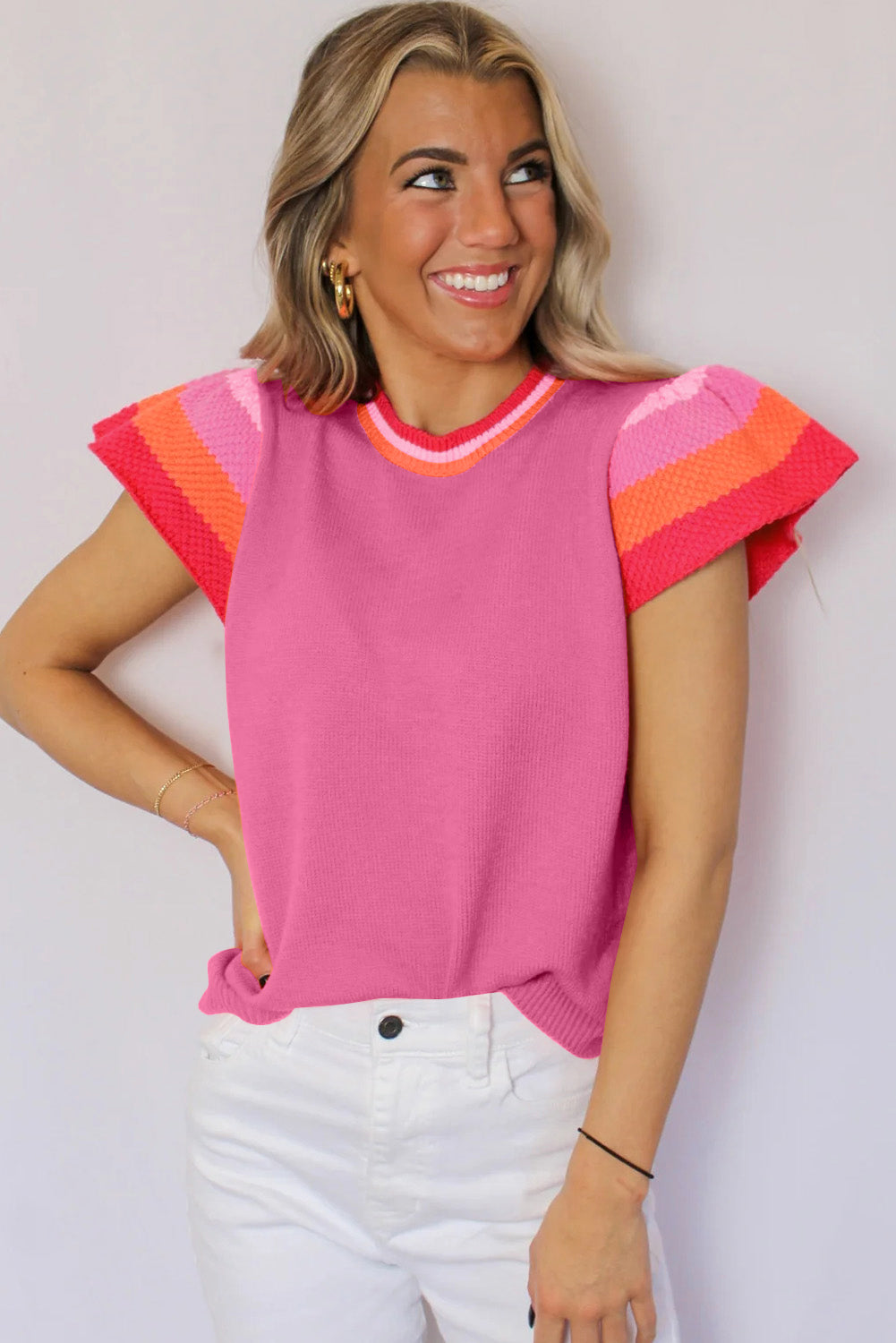 Turquoise contrast flutter sleeves knitted sweater t-shirt by Mommas Hive, short sleeve top with stylish knitted design.