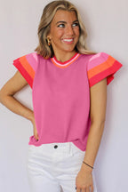 Turquoise contrast flutter sleeves knitted sweater t-shirt by Mommas Hive, short sleeve top with stylish knitted design.