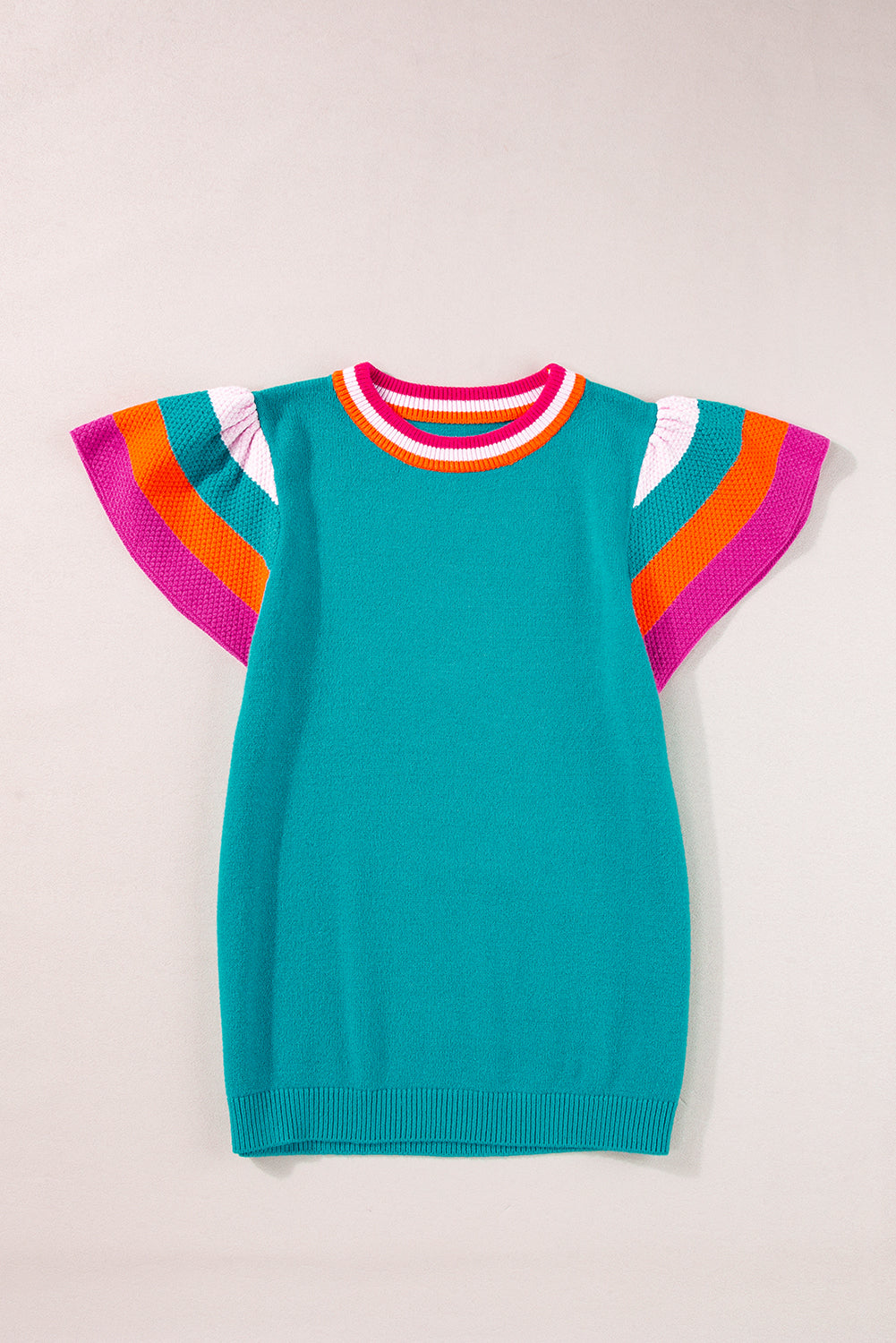 Turquoise contrast flutter sleeves knitted sweater T-shirt by Mommas Hive, short sleeve top with a cozy textured fabric.