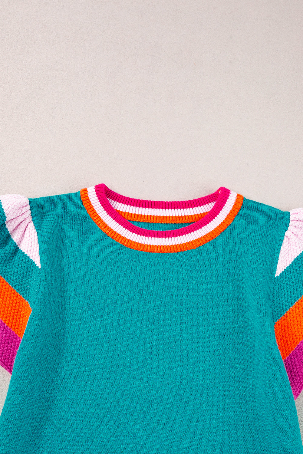 Turquoise contrast flutter sleeves knitted sweater T-shirt by Mommas Hive, short sleeve top with soft knitted fabric and stylish design.