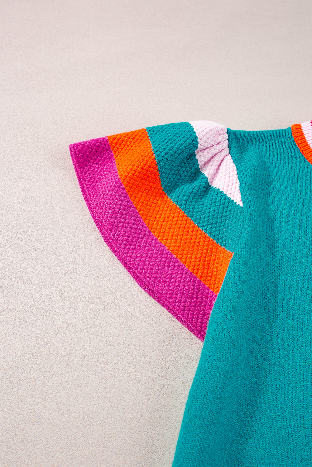Turquoise contrast flutter sleeves knitted sweater t-shirt by Mommas Hive, short sleeve top with soft fabric blend.