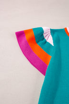 Turquoise contrast flutter sleeves knitted sweater t-shirt by Mommas Hive, short sleeve top with soft fabric blend.