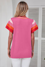 Turquoise Mommas Hive knitted short sleeve sweater t-shirt with contrast flutter sleeves, made of viscose, polyester, and polyamide.
