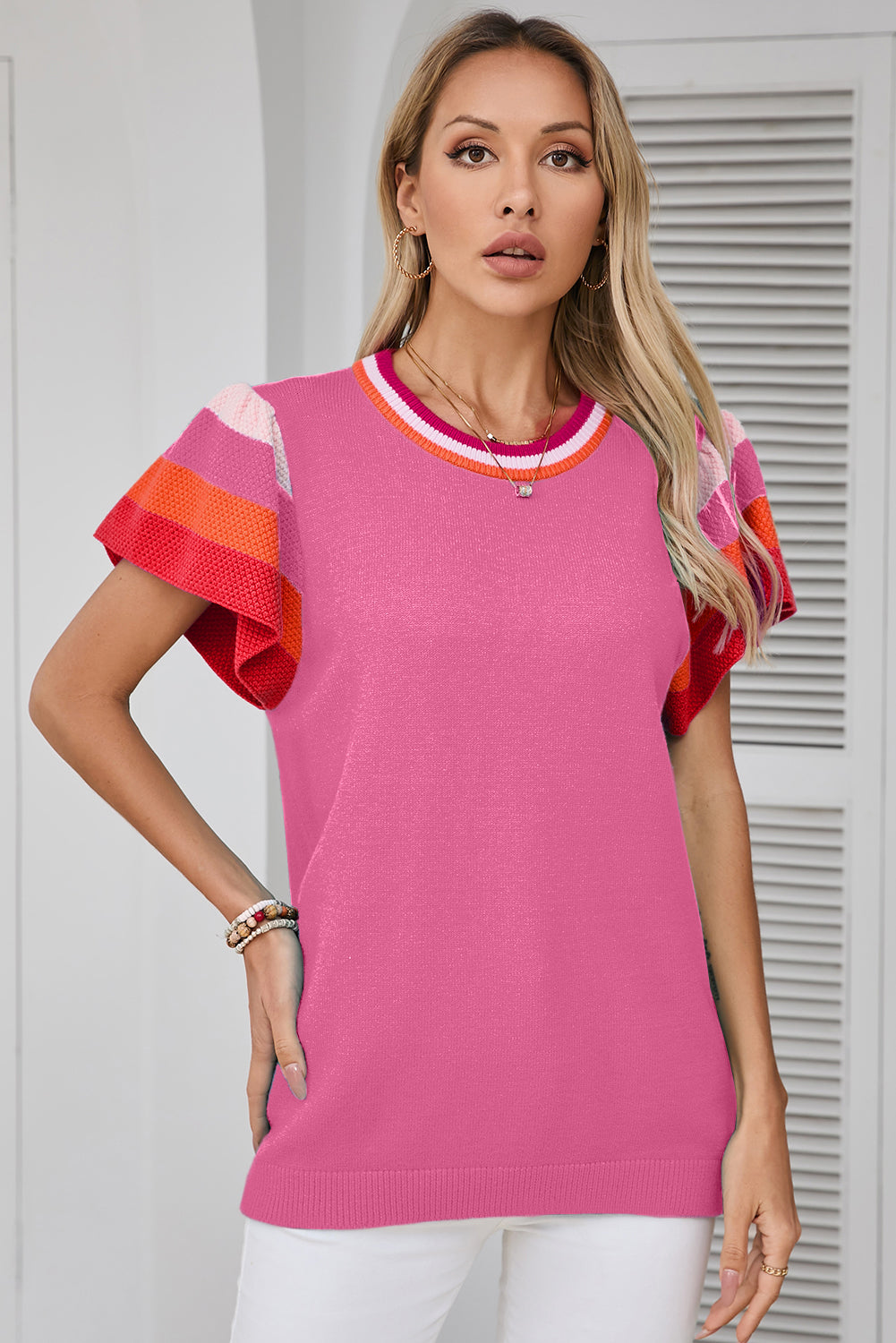 Turquoise contrast flutter sleeves knitted sweater T-shirt by Mommas Hive, short sleeve top with a cozy knit texture.