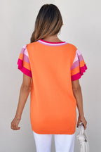 Turquoise contrast flutter sleeve knitted sweater T-shirt by Mommas Hive, short sleeve top with soft fabric blend and stylish design.