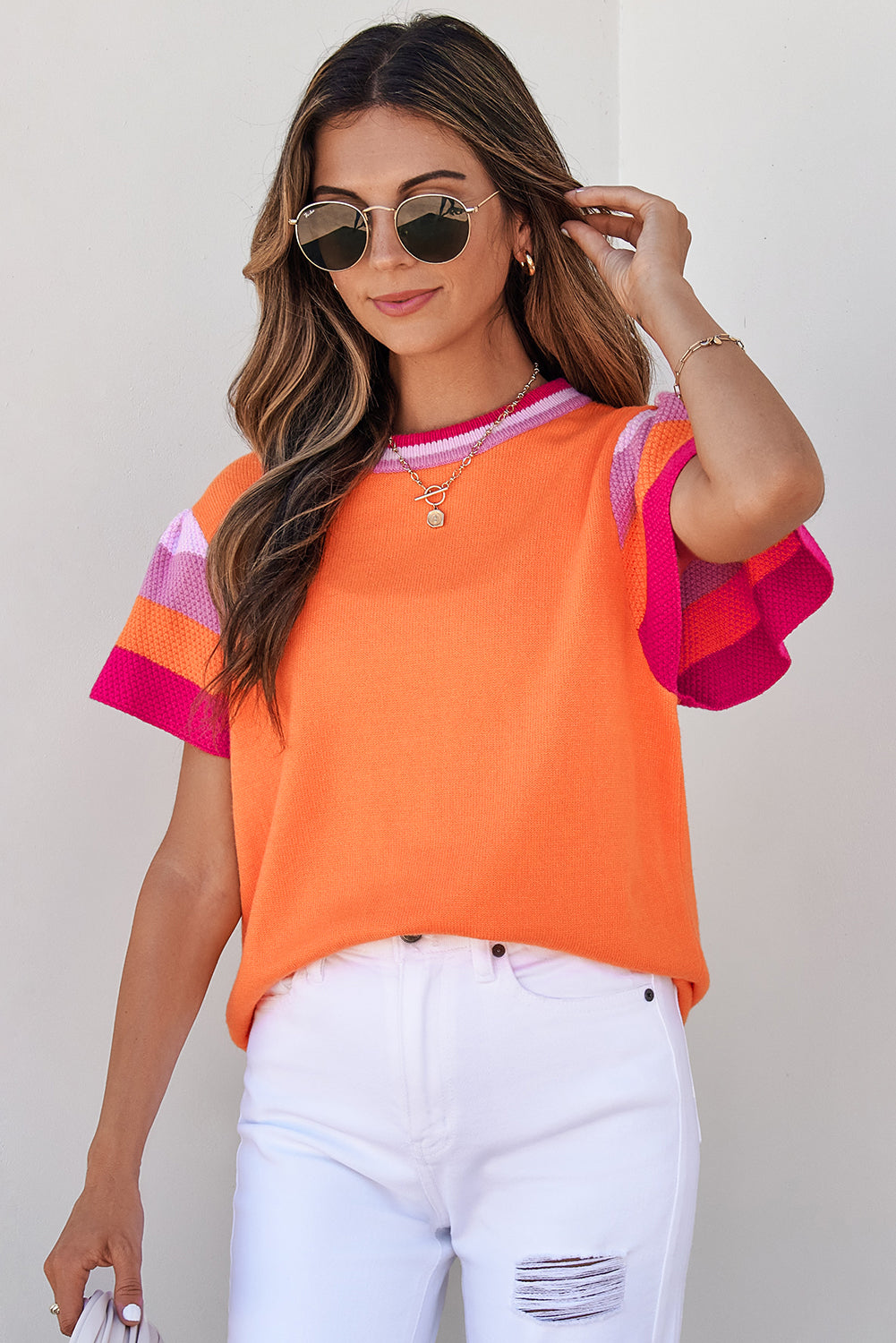 Turquoise contrast flutter sleeves knitted sweater t-shirt by Mommas Hive, short sleeve knit top with vibrant color and textured fabric.
