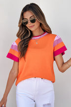 Turquoise contrast flutter sleeve knitted sweater t-shirt by Mommas Hive, short sleeve top with stylish design and soft fabric.