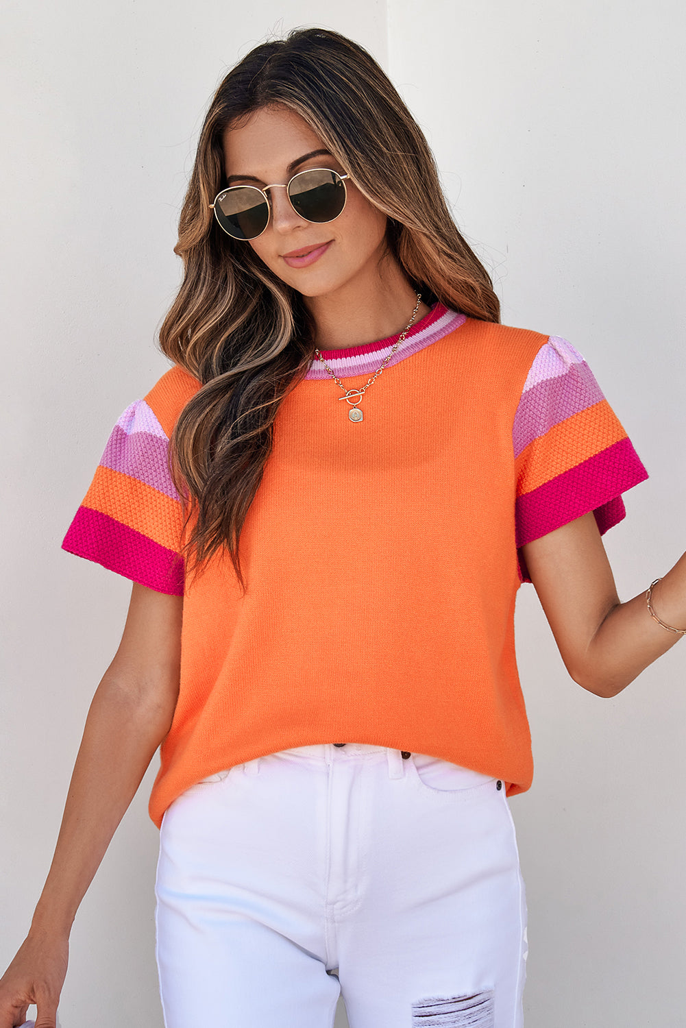 Turquoise contrast flutter sleeve knitted sweater t-shirt by Mommas Hive, short sleeve top with stylish design and soft fabric.