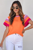 Turquoise contrast flutter sleeves knitted sweater t-shirt by Mommas Hive, short sleeve top with vibrant color and textured knit fabric.