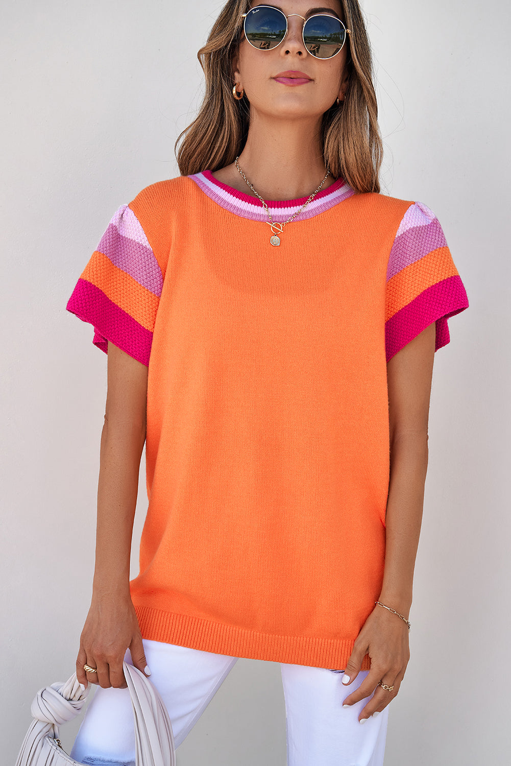 Turquoise contrast flutter sleeves knitted sweater t-shirt by Mommas Hive, short sleeve top with vibrant color and textured fabric.