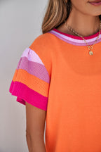 Turquoise contrast flutter sleeves knitted sweater T-shirt by Mommas Hive, short sleeve top with soft fabric blend and stylish design.
