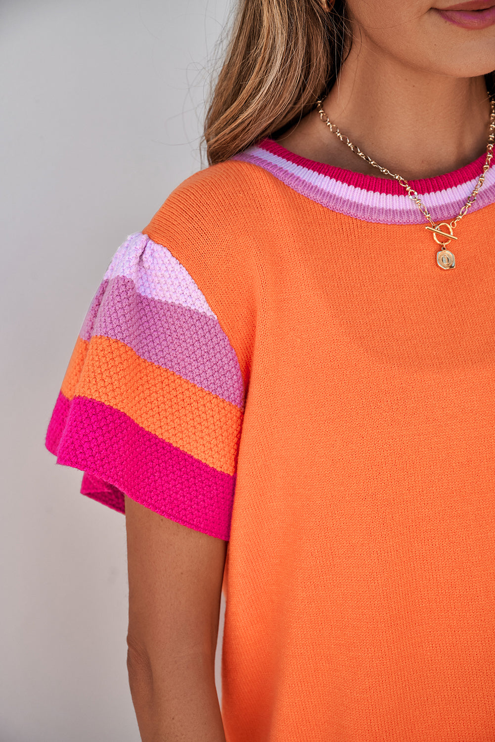 Turquoise contrast flutter sleeves knitted sweater T-shirt by Mommas Hive, short sleeve top with soft fabric blend and stylish design.