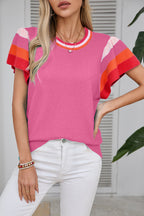 Turquoise contrast flutter sleeves knitted sweater T-shirt by Mommas Hive, short sleeve top with textured knit and vibrant color.