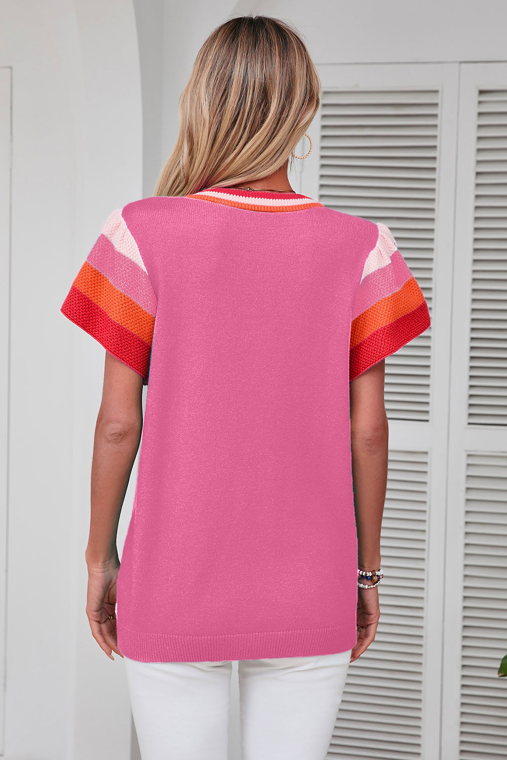 Turquoise contrast flutter sleeves knitted sweater t-shirt by Mommas Hive, short sleeve top with soft knitted fabric and vibrant color.
