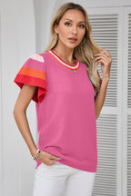 Turquoise contrast flutter sleeves knitted sweater t-shirt by Mommas Hive, short sleeve top with vibrant color and textured knit fabric.