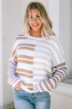 Stripe blocked drop shoulder slouchy sweater from Mommas Hive, featuring a relaxed fit and soft polyester fabric.