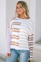 Stripe blocked drop shoulder slouchy sweater from Mommas Hive, featuring a relaxed fit and soft polyester fabric.